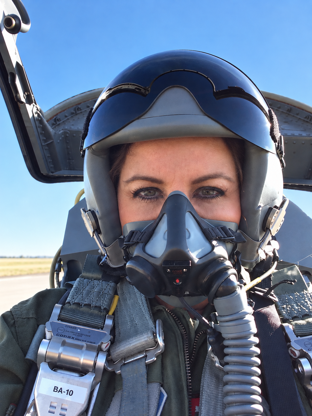 Dr. Harvey wearing a flight helmet and oxygen mask in an aircraft cockpit